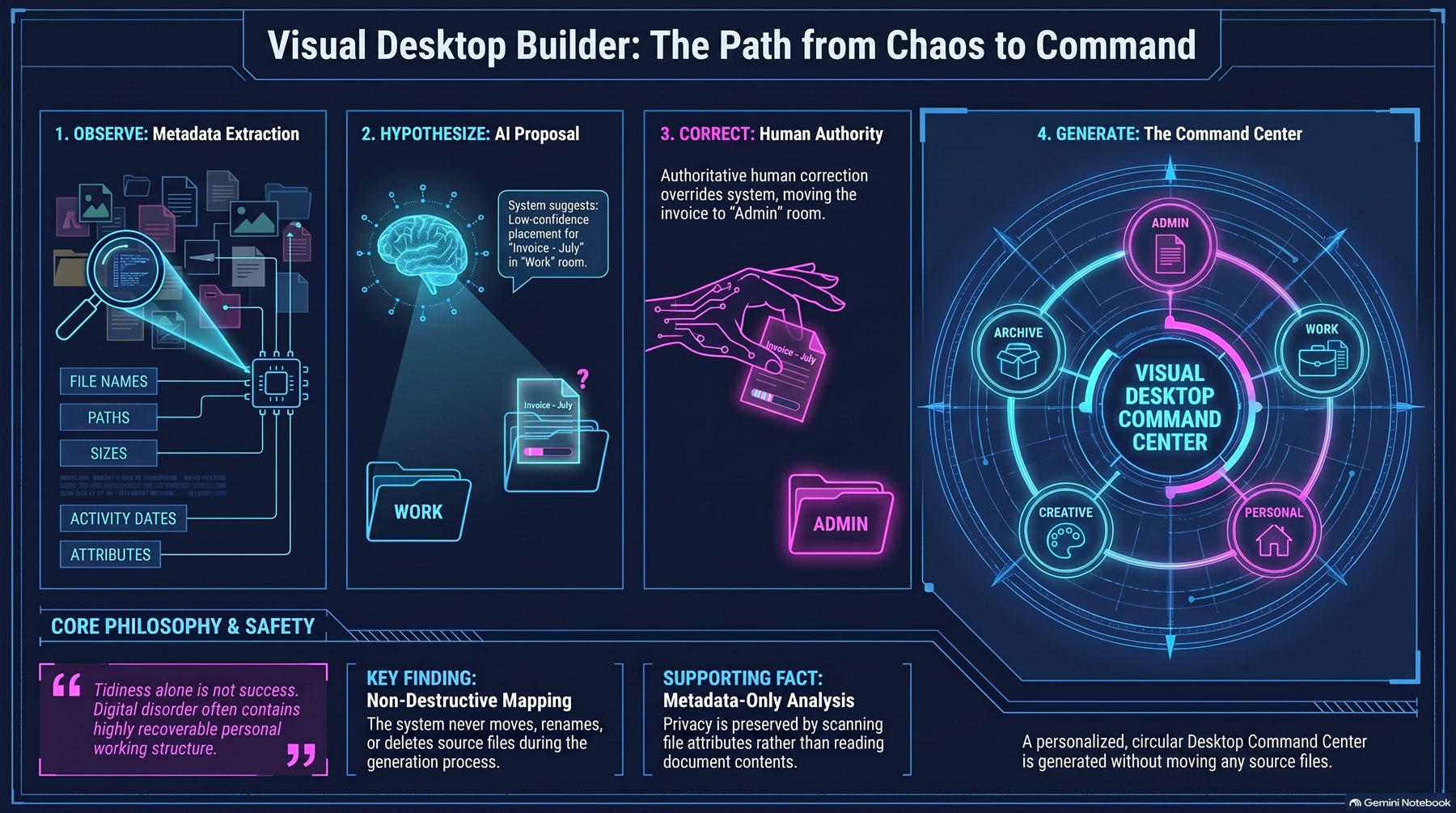 Visual Desktop Builder process from metadata observation through human correction to a visual command centre